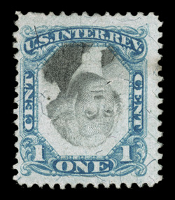 R103a, 1c Blue and black, Inverted Center, strong colors, herringbone cancel cuts the paper in one place, light toned spot at right, fine appearance a very scarce
invert.