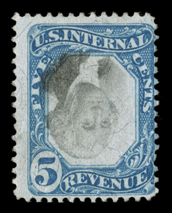 R107a, 5c Blue and black, Inverted Center, rich bright colors on fresh paper, herringbone cancel breaks the paper in a few places, a fine example of this rare
error.