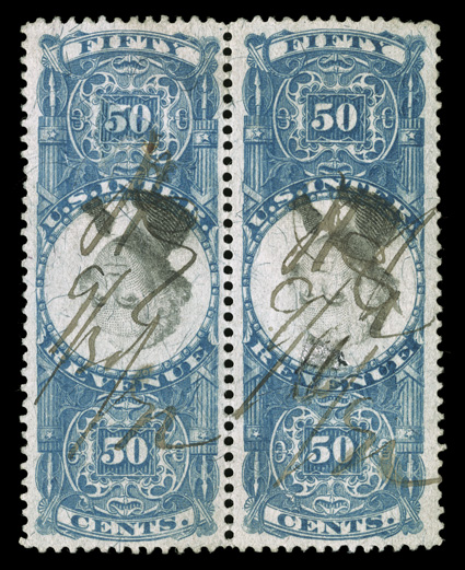 R115b, 50c Blue and black, Inverted Center, scarce horizontal pair, exceedingly well centered (particularly the right stamp), lovely rich colors, ms. and neatly repaired punch
cancels, very fine.