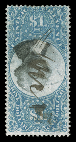 R118a, $1.00 Blue and black, Inverted Center, fresh colors, ms. cancel and a very neatly repaired punch cancel, fine 1982 PF certificate.