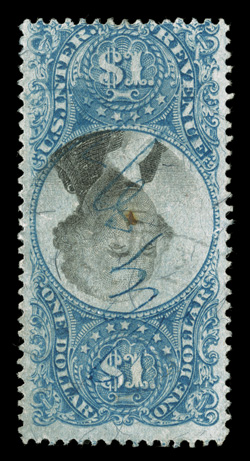 R118a, $1.00 Blue and black, Inverted Center, rich color, ms. cancel and typical repaired (expertly) punch cancel, small stain in center, fine appearance.