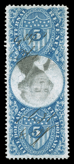 R127a, $5.00 Blue and black, Inverted Center, remarkably well centered within lavish margins, deeply rich colors, light unobtrusive ms. cancels, horizontal crease and a small
thin spot, extremely fine appearance a handsome example of this rare