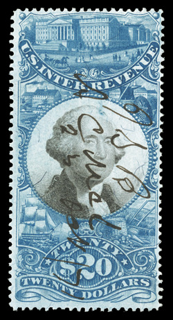 R129, $20.00 Blue and black, deep intense colors, 1871 ms. cancel, nearly very fine 2003 PSE certificate (F 70).