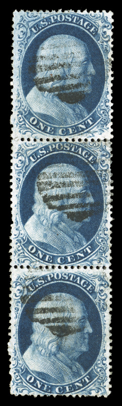 21, 22, 1c Blue, Ty. III, IIIa, vertical strip of three, positions 61-81L4, with the middle stamp being the scarce Type IIIa, while the other two are Type III, well centered,
deep intense color and impression, light grid cancels, middle stamp wi