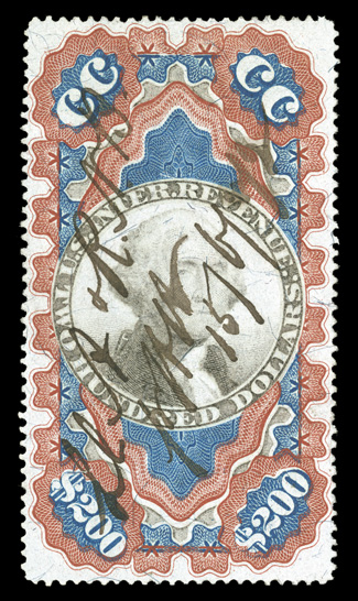 R132, $200.00 Red, blue and black, Small Persian Rug, well centered, bright fresh colors, 1872 ms. cancel, two light creases, very fine appearance overall an attractive
example of this rare and popular revenue 1987 PF certificate.
