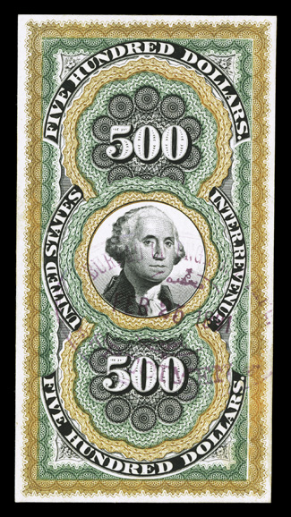 R133TC, $500.00 Persian Rug, large die trial color proof in light brown, light green and black, stamp size proof on card, with light Bureau of Printing and EngravingFeb 25
1891 handstamp, lovely rich colors, light adherences and a small thin