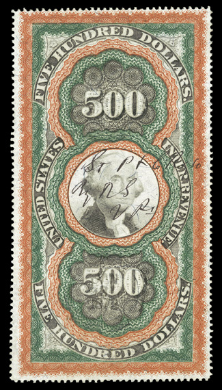 R133, $500.00 Red orange, green and black, Large Persian Rug, a rather desirable example of this attractive and sought-after revenue, lovely fresh colors, nicely centered,
light ms. and circular cut cancels, few light creases as nearly always,