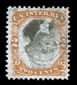R135b, 2c Orange and black, Inverted Center, an extraordinarily fresh single, with gorgeous bright colors and radiant impressions, light blue handstamp cancel, thin thin
speck, otherwise nearly very fine.