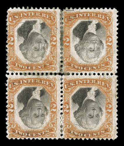 R135b, 2c Orange and black, Inverted Center, mint block of four formed from two rejoined pairs, glazed o.g. causing some light perf. staining, fine a rare multiple, cataloged
as two used pairs.