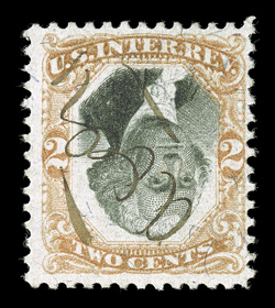 R135b, 2c Orange and black, Inverted Center, bright colors, ms. cancel, fine.