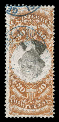 R140a, 30c Orange and black, Inverted Center, attractive colors, light blue handstamp and a small herringbone cancel that just breaks the paper, faint crease, fine
appearance.