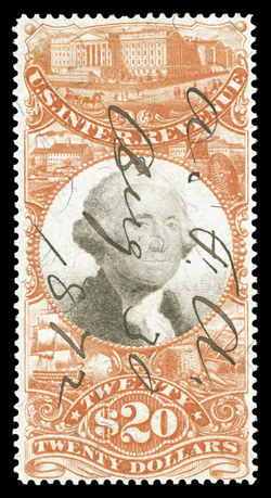 R150, $20.00 Orange and black, well centered and fresh, 1872 ms. cancel, natural paper inclusion and translucent spot, miniscule perf. thin, otherwise very fine 2007 PF
certificate.