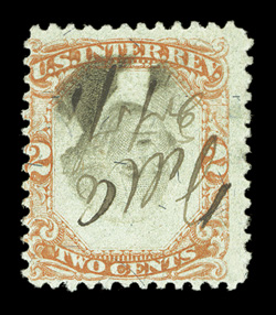R151a, 2c Orange and black on green, Inverted Center, attractive colors, ms. cancel, sound and fine.