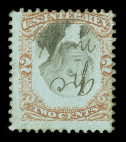 R151a, 2c Orange and black on green, Inverted Center, attractive colors, light ms. cancel, fine.