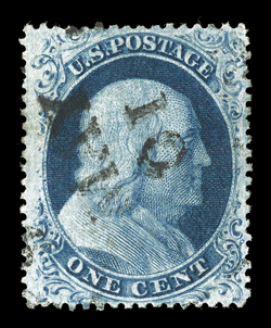 22, 1c Blue, Ty. IIIa, Plate 11, select quality used example, being very well centered and showing a large break in the top frame line, bright color and a clean detailed
impression, May 10 town cancel of Lisbon, New Hampshire with numerals inv