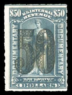 R194, $50.00 Green, rare mint single, with strong unfaded color, nearly full original gum, fine 2003 PSE certificate (VG 50).