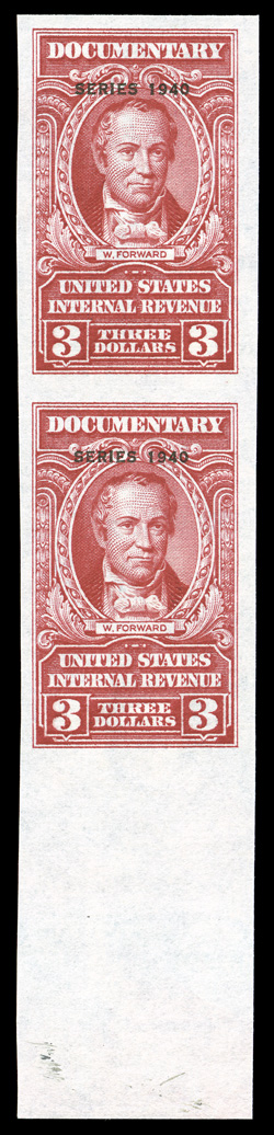 R302a, $3.00 Carmine with Series 1940 overprint, imperforate, without gum as issued, bottom sheet-margin vertical pair, large to huge margins, bright color, extremely
fine.