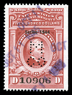 R409, $500.00 Carmine, Series 1944, bright color, perf. initial and violet handstamp cancels, very fine.