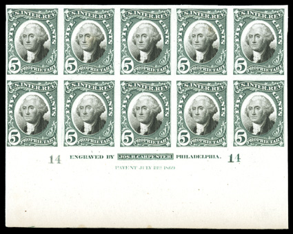 RB1P4-RB5P4, 1c-5c Proprietary, plate proofs on card, each in an imprint and plate number block of ten, 1c and 2c are sides, others are bottoms, large margins, bright and
fresh, very fine.