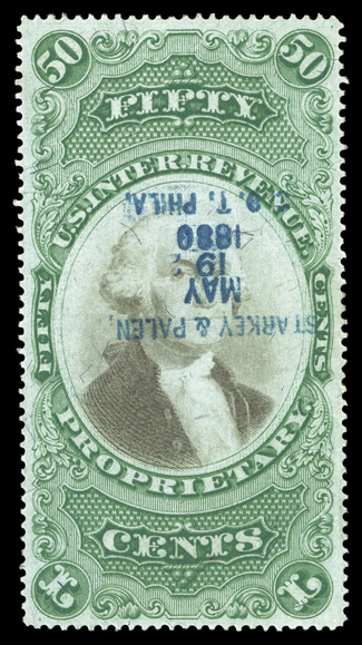 RB8a, 50c Green and black on violet paper, an incredibly choice used example of this challenging stamp to find in premium condition, featuring absolutely flawless centering
amid uncharacteristically large margins, exceptionally rich and strong c