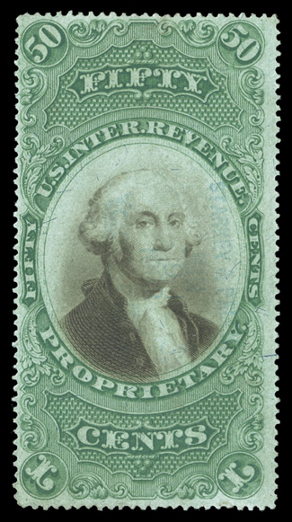 RB8b, 50c Green and black on violet paper, attractive colors, better centering than often found, light blue handstamp cancel, completely sound and very fine 1997 PSE
certificate.