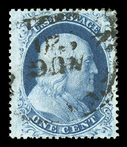 22, 1c Blue, Ty. IIIa, an exceptional used single, featuring incredibly wide margins and being uncommonly well centered within them, rich color, light c.d.s. cancel, extremely
fine 1990 PF certificate.