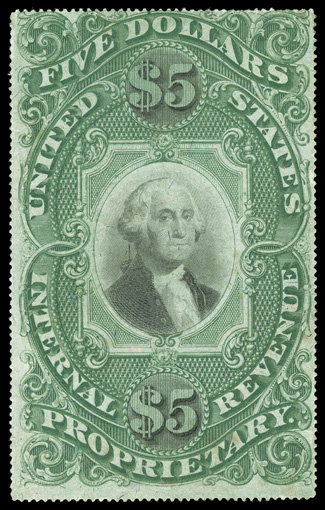 RB10a, $5.00 Green and black on violet paper, a very rare mint example, possessing nearly full original gum, deep rich color, internal sealed tear at top left and light gum
staining showing through at bottom right, fine appearance only the th