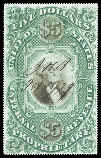 RB10a, $5.00 Green and black on violet paper, a spectacular quality used example of this popular revenue rarity, possessing numerous remarkable physical attributes which are
rarely found on this normally faulty and poorly centered stamp, beginni