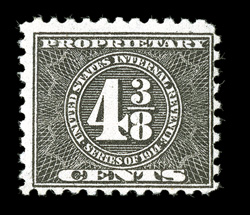 RB42, 4 38c Black, fresh color, typical centering, o.g., n.h., light natural gum crease and a small indentation on the gum side, a fine example of this rare and key
revenue.