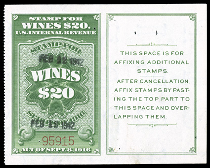 RE107A, $20.00 Yellow green, with full tab at right, unfolded, exceedingly well centered, 1942 handstamp cancel, usual staple holes, small closed tear in the top margin and a
faint trace of staining at bottom of tab, extremely fine appearance o