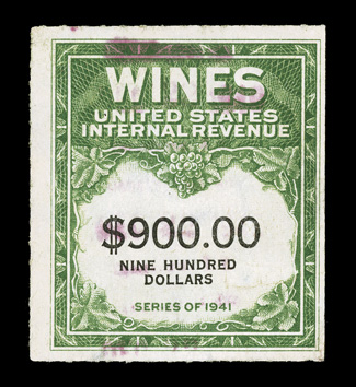 RE168, $900.00 Yellow green and black, an incredibly rare used example of a stamp that is missing from virtually all revenue collections, with a lightly struck purple
handstamp, quite well centered, and with rich colors, there is some light soil