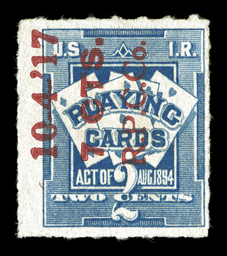 RF8, 7 CTS. on 2c Blue surcharge, reading up, red pre-cancel of Russell Playing Card Co., strong color, mild horizontal crease and a thin, still of fine appearance for this
seldom offered stamp.