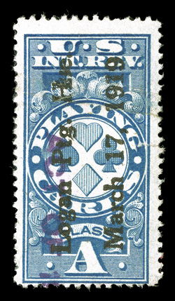 RF12d, Class A Blue, perforated 12 on all four sides, usual centering for this rarity, rich color, Logan Printing House pre-cancel and violet Act of 1(918) handstamp, creased,
small sealed tear and a thin (all examples we have seen have faul