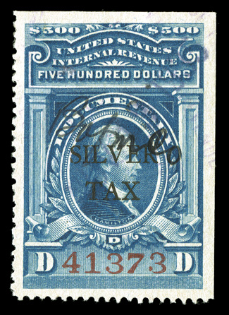RG22, $500.00 Blue, precisely centered, deep luxuriant color, light ms. and violet handstamped cancels, extremely fine and uncharacteristically choice 2001 PF
certificate.