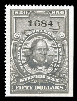 RG128, $50.00 Gray, well centered, neat 1948 ms. cancel, a very fine example of this key silver tax stamp.