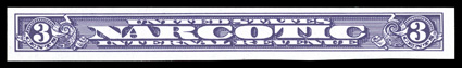 RJA48a, 3c Violet imperforate, unused, four large margins, rich bright color on especially fresh paper, very fine a particularly elusive narcotic stamp, being the first unused
example we have offered.