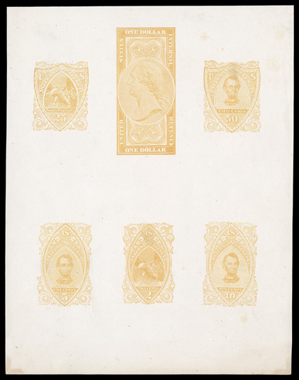 Turner Essay 230, 5c-$1.00 Orange, composite proof sheet of six different subjects (including the three Lincoln designs) on wove paper, comprised of Turner Types T, W, V, P, B
and R, measuring 168x215mm, bright color, two trivial shallow thins, f