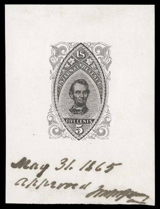 Turner Proof Type Pa (Scott RN-P2-P6), 5c Black, proof impression on wove paper measuring 73x99mm, manuscript May 31, 1865Approved J.J.L. at bottom, mild horizontal bend, very
fine undoubtedly unique a highly important item not only for