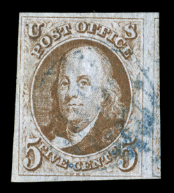 1, 5c Red brown, a most impressive used single, with margins ranging from quite full to huge at right, including a portion of the adjoining stamp, gorgeous rich color and a
strong impression on fresh paper, light blue cancel, extremely fine.
