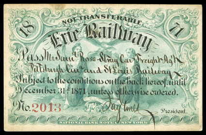 RN-P5, 5c Orange, single impression on the reverse of an exquisitely engraved (by the National Bank Note Co.) 1871 railroad pass of the Erie Railway, the pass being taxed as
an agreement, measuring 88x55mm, printed in bluish green on the front w