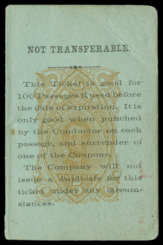 RN-P5, 5c Orange, single impression on back page from a railroad ticket book, printed on stiff green card, reading Not Transferable and This ticket is good for 100 passages if
used before the date of expiration, corner bend at top right of p