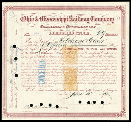 RN-P5, RN-T4, 5 Orange and 25c Orange, single impressions of each, one above the other on 1870 Ohio & Mississippi Railway Company preferred stock certificate, issued in New
York by Geo. F. Nesbitt & Co., orange impressions contrasting nicely