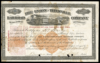 RN-P5, RN-U1, 5c Orange and 25c Orange, single impressions of each on 1871 State of Pennsylvania Union and Titusville Railroad Company stock certificate, printed by Henry
Seibert & Bros., with central vignette of train near river, some light