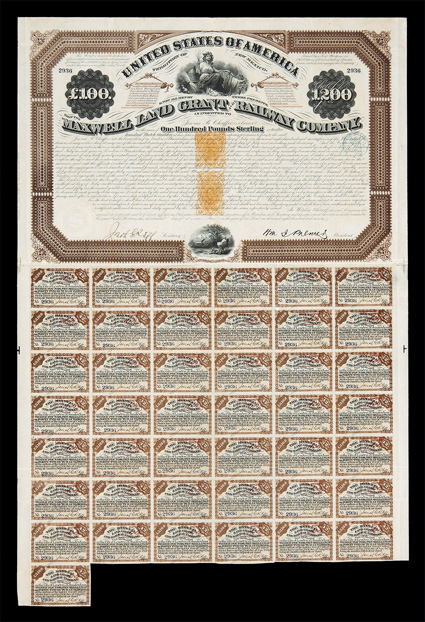 RN-P5, RN-V4, 5c Orange and 25c Orange, single impressions of each, one above the other on a striking 1870 New Mexico Territory Maxwell Land Grant and Railway Company £100
Bond, with 43 coupons still attached, payable in London or Amsterdam,