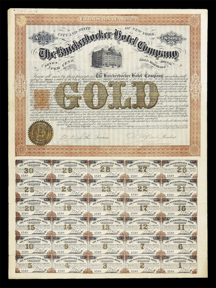 RN-V4, 50c Orange, single impression at left of spectacular 1871 State of New York Knickerbocker Hotel Co. $500.00 Gold Mortgage Bond, with 30 coupons still attached, vignette
of hotel at Fifth Avenue between 58th & 59th Streets, printed by