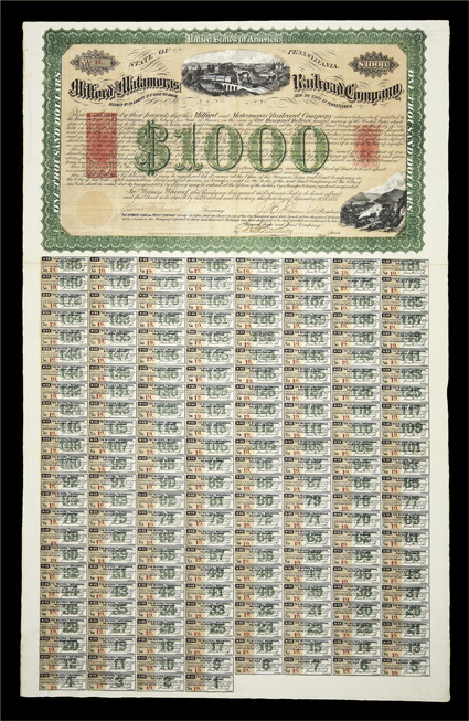 RN-P5RN-V4, Revenue stamped paper with Lincoln designs on large ornate documents, group of seven, most on fancy mortgage bonds (including railroad), some with all or a portion
of the coupons still attached, slightly mixed condition, fine-very f