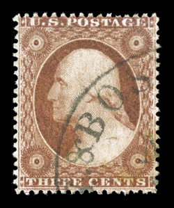 25, 3c Rose, Ty. I, used, well centered, intensely rich color, cancelled by a portion of a neat N.Y. & Boston Stmb & R.R.R. railroad c.d.s., very fine a scarce and unusual
cancel 2009 PF certificate.