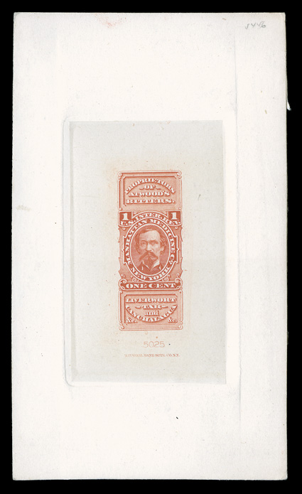 RS171TC, Manhattan Medicine Company 1c Large die trial color proofs on India, six different colors (black, blue, green, orange, brown and vermilion), each die sunk on card
approximately 77x128mm, the card of the blue has a clipped corner, otherw