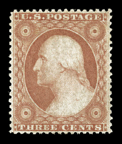 26, 3c Dull red, Ty. II, an especially desirable mint example, being extraordinarily well centered within much larger margins than typically found, brilliant color, pristine
o.g., never hinged, an extremely fine gem in every regard 2009 PSE cer