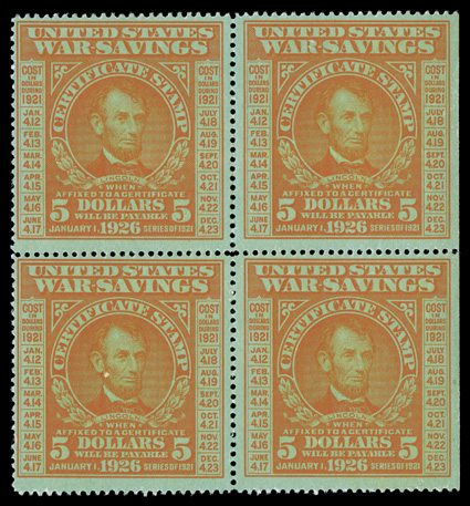 WS6, $5.00 Orange on green, an extremely rare mint block of four of this incredibly handsome stamp featuring Lincolns portrait, this being the first mint multiple of this we
have ever offered, quite fresh, radiant color and a prooflike impr